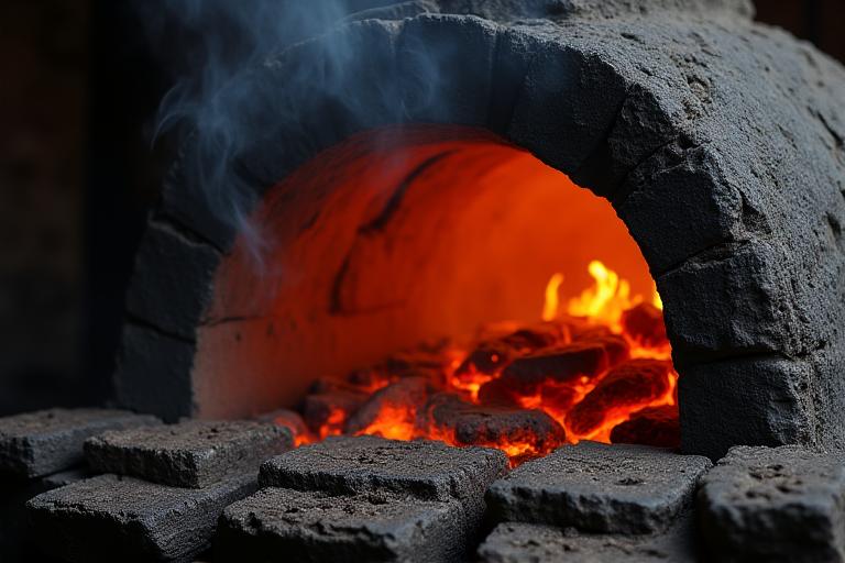Traditional charcoal kiln with smoke rising